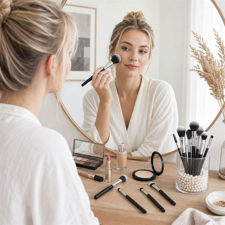 En kvinde i en hvid morgenkåbe lægger makeup med en pensel, mens hun kigger i et rundt spejl. Makeup-produkter, øjenbørster og ansigtsbørster fra hendes »Technique PRO Galactic Ray Makeupbørste Sæt – 12 makeupbørster« ligger pænt opstillet på det træbeklædte toiletbord.