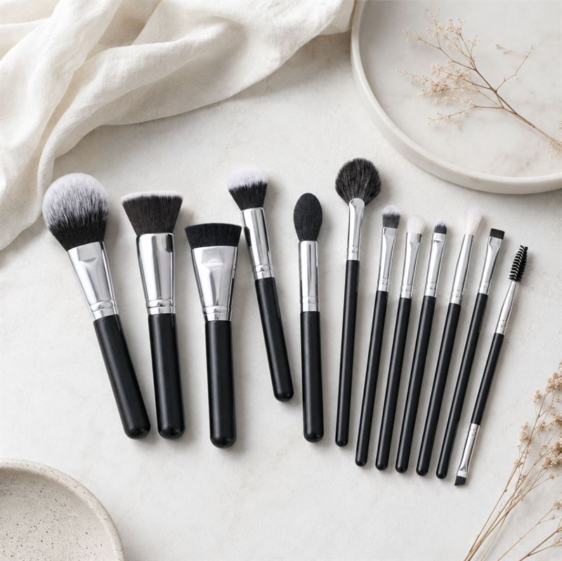 Et Technique PRO Galactic Ray-makeupbørstesæt, der består af tolv makeupbørster med sorte skafter, herunder både øjenbørster og ansigtsbørster i forskellige former og størrelser, er pænt anbragt på en lys overflade med plader i neutrale farver og tørrede planter i baggrunden.