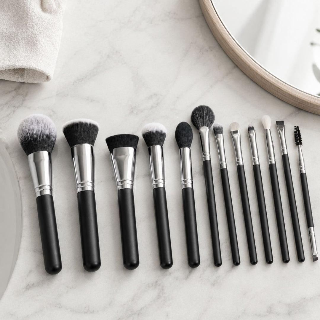Et Technique PRO Galactic Ray-makeupbørstesæt bestående af tolv børster med sorte skafter og sølvfarvede ferruler, pænt anbragt på en marmorplade ved siden af et rundt spejl og et sammenfoldet håndklæde. Sættet indeholder både ansigts- og øjenbørster, så du kan opnå professionelle resultater i hele din makeup-rutine.