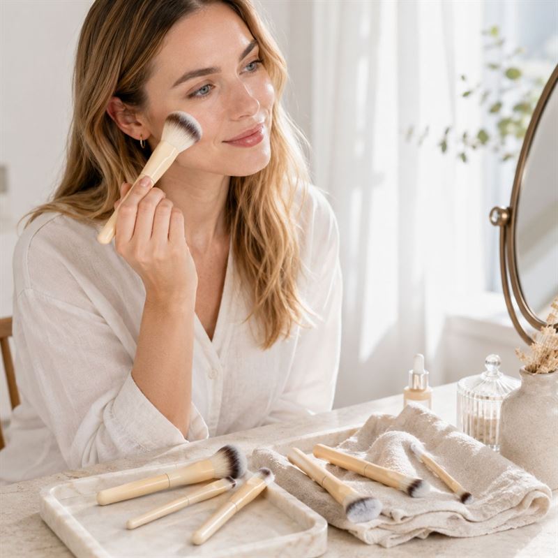 En kvinde med langt hår lægger makeup med en pensel fra sit »Technique PRO Buttercream Makeupbørste Sæt – 10 makeupbørster«, mens hun sidder ved et sminkebord, der er pyntet med et spejl, makeupbørster og et håndklæde. Hun har en hvid bluse på og smiler blidt.