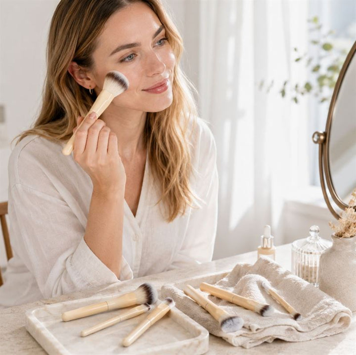 En kvinde med langt hår lægger makeup med en pensel fra sit »Technique PRO Buttercream Makeupbørste Sæt – 10 makeupbørster«, mens hun sidder ved et sminkebord, der er pyntet med et spejl, makeupbørster og et håndklæde. Hun har en hvid bluse på og smiler blidt.