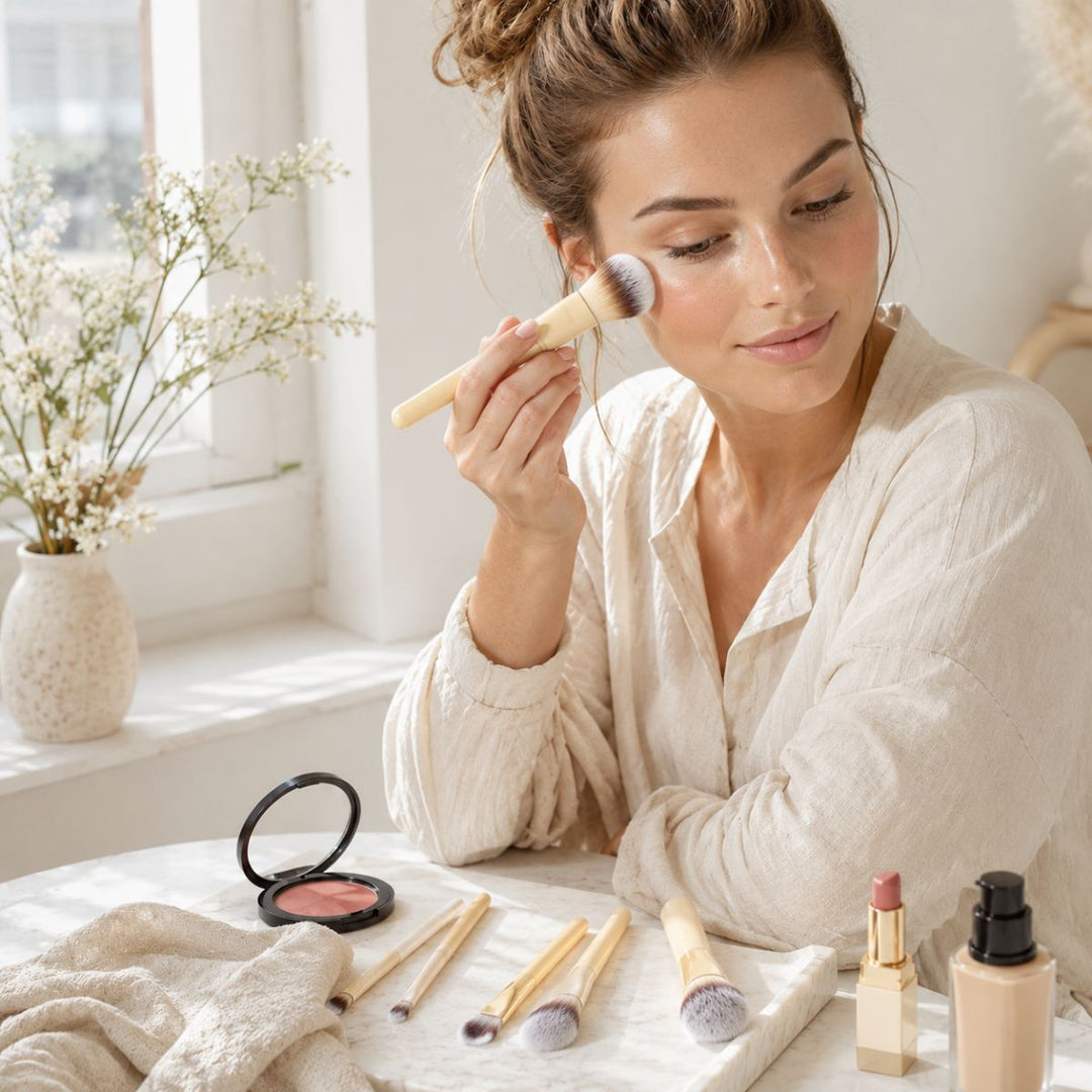 En kvinde sidder ved et bord og påfører rouge med Technique PRO Buttercream Makeupbørste Sæt – 10 makeupbørster. Forskellige makeup-produkter, herunder læbestift, rouge og foundation fra Technique PRO, er pænt anbragt på bordet. Blødt, naturligt lys strømmer ind gennem et vindue, mens blomster pryder baggrunden.