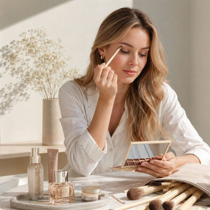 En kvinde med langt, bølget hår lægger øjenskygge på med en pensel fra sit Technique PRO Vanilla Makeupbørste Sæt – 14 makeupbørster, mens hun kigger i et lille spejl. Hun sidder ved et bord med makeup-produkter og andre makeupbørster fra Technique PRO og nyder sin makeuprutine i det naturlige sollys.
