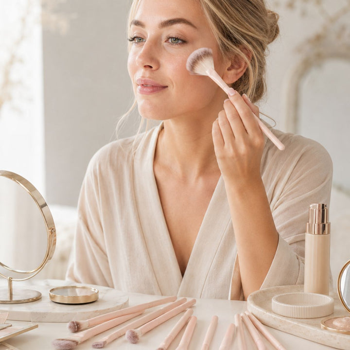 En kvinde i en lys morgenkåbe lægger makeup med en pensel ved sit sminkebord, omgivet af skønhedsredskaber, et spejl og produkter i blide nuancer – herunder hendes yndlingssæt, Technique PRO Keen Eyeshadow, Eyebrow & Detailing Makeupbørste Sæt (16 makeupbørster), der sikrer et fejlfrit resultat.