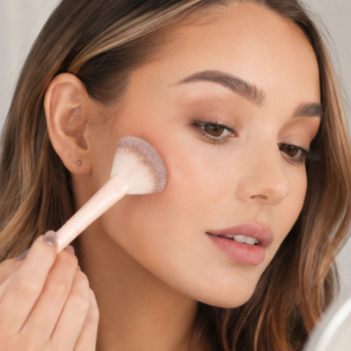 En kvinde lægger makeup på kinden med et »Technique PRO Keen Eyeshadow, Eyebrow & Detailing Makeupbørste Sæt – 16 makeupbørster«, mens hun kigger i et spejl, og hendes udvalg af Technique PRO-makeupbørster og øjenmakeup ligger pænt opstillet ved siden af.
