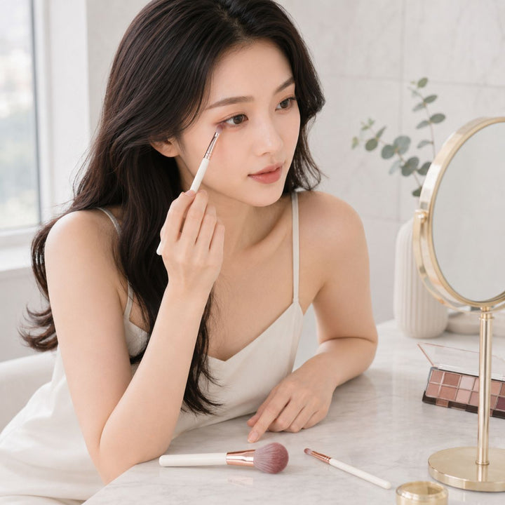 En kvinde i en hvid camisole lægger øjenmakeup med en pensel fra sit »Technique PRO Dusty Magenta Makeupbørste Sæt – 7 makeupbørster«, mens hun kigger i et rundt spejl på et marmor-toiletbord. Technique PRO-makeupbørster og en palet ligger pænt opstillet på bordpladen ved siden af hende.