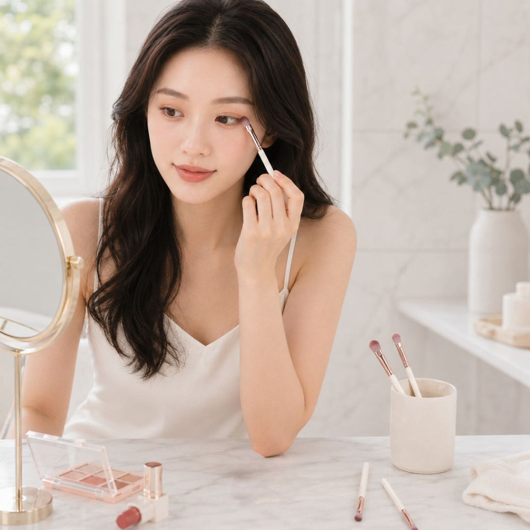 En kvinde lægger makeup på sit øjenlåg med en børste fra Technique PRO Dusty Magenta Makeupbørste-sættet (7 makeupbørster), mens hun kigger i et rundt spejl på et marmorvaskbord, omgivet af kosmetik og ansigtsbørster, i et lyst badeværelse.