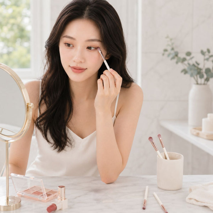En kvinde lægger makeup på sit øjenlåg med en børste fra Technique PRO Dusty Magenta Makeupbørste-sættet (7 makeupbørster), mens hun kigger i et rundt spejl på et marmorvaskbord, omgivet af kosmetik og ansigtsbørster, i et lyst badeværelse.