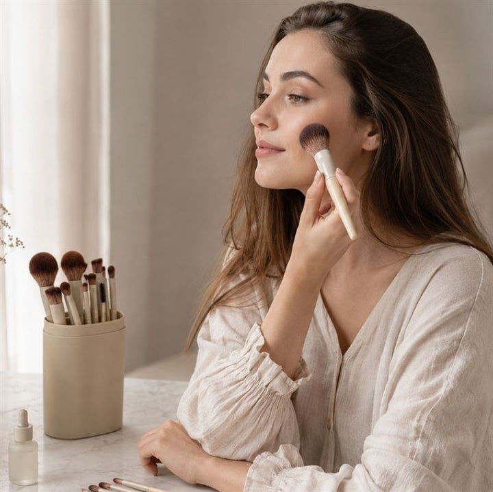 En kvinde med langt brunt hår lægger ansigtsmakeup med en pensel. Hun sidder ved et bord med »Technique PRO Dover Makeupbørste Sæt – 18 makeupbørster« fra Technique PRO og en lille flaske, iført en lys bluse.