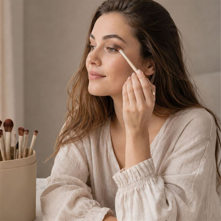 En kvinde med langt brunt hår påfører øjenskygge med en pensel fra sit Technique PRO Dover Makeupbørste Sæt – et 18-delt makeupbørstesæt fra Technique PRO – mens hun sidder ved et bord med en beholder med makeupbørster. Hun har en lys bluse på og kigger let til siden, og hun virker rolig og koncentreret, mens hun arbejder på sin ansigtsmakeup.