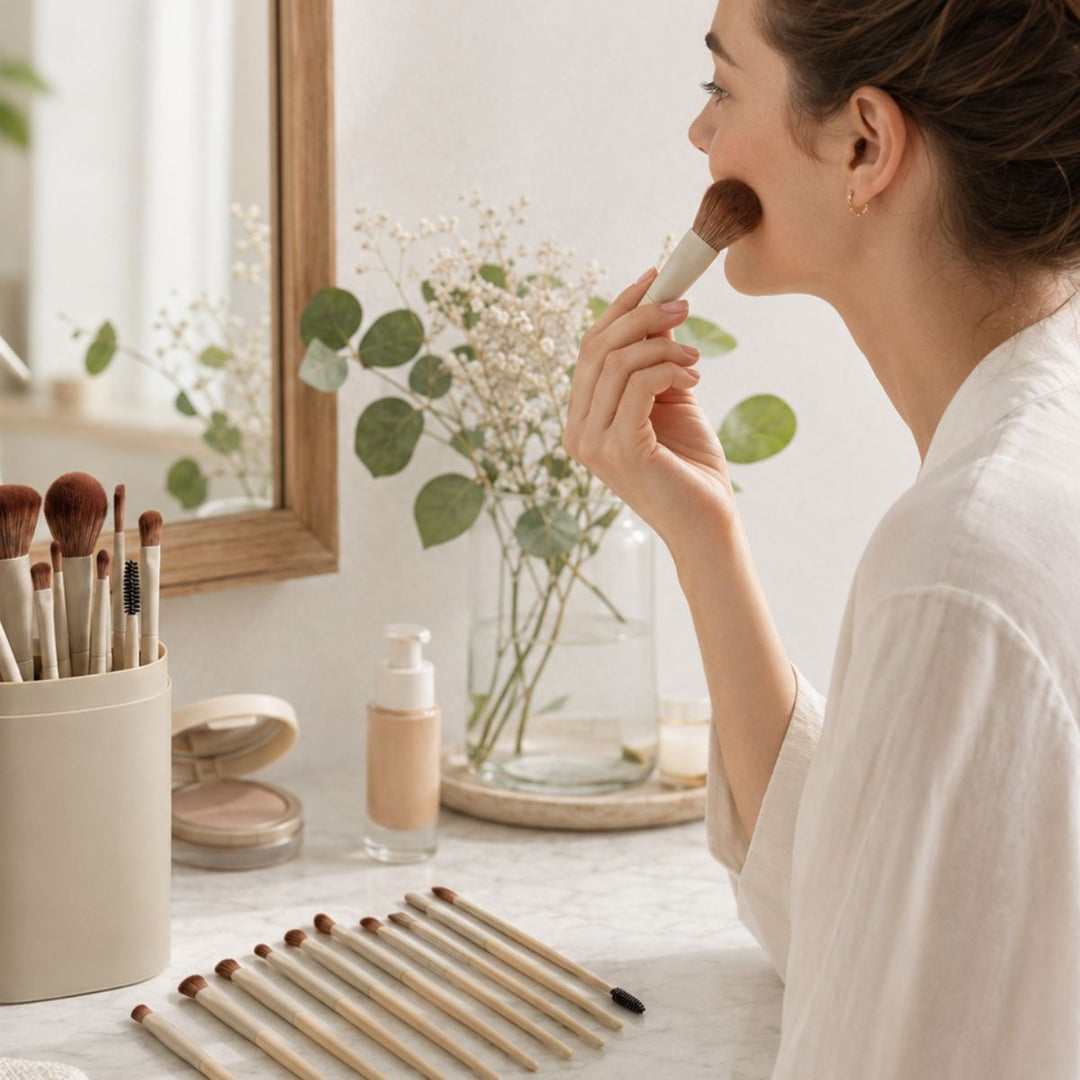 En person lægger ansigtsmakeup med en pensel, mens vedkommende sidder ved et sminkebord med »Technique PRO Dover Makeupbørste Sæt« – et sæt bestående af 18 makeupbørster fra Technique PRO – ved siden af en flaske og en vase med grønne planter foran et spejl.