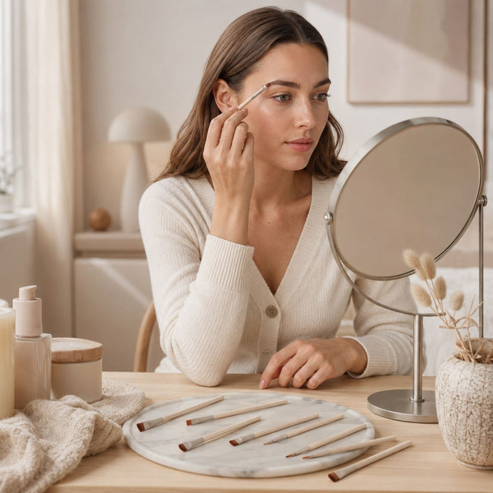 En kvinde med langt brunt hår bruger en øjenbrynsbørste fra Technique PRO Flick Eyeliner, Bryn & Detail Makeupbørste Sæt – 9 makeupbørster, mens hun kigger i et rundt spejl på et bord, hvor der også ligger andre Technique PRO-makeupbørster, og omgivet af naturlig indretning i et blødt oplyst rum.
