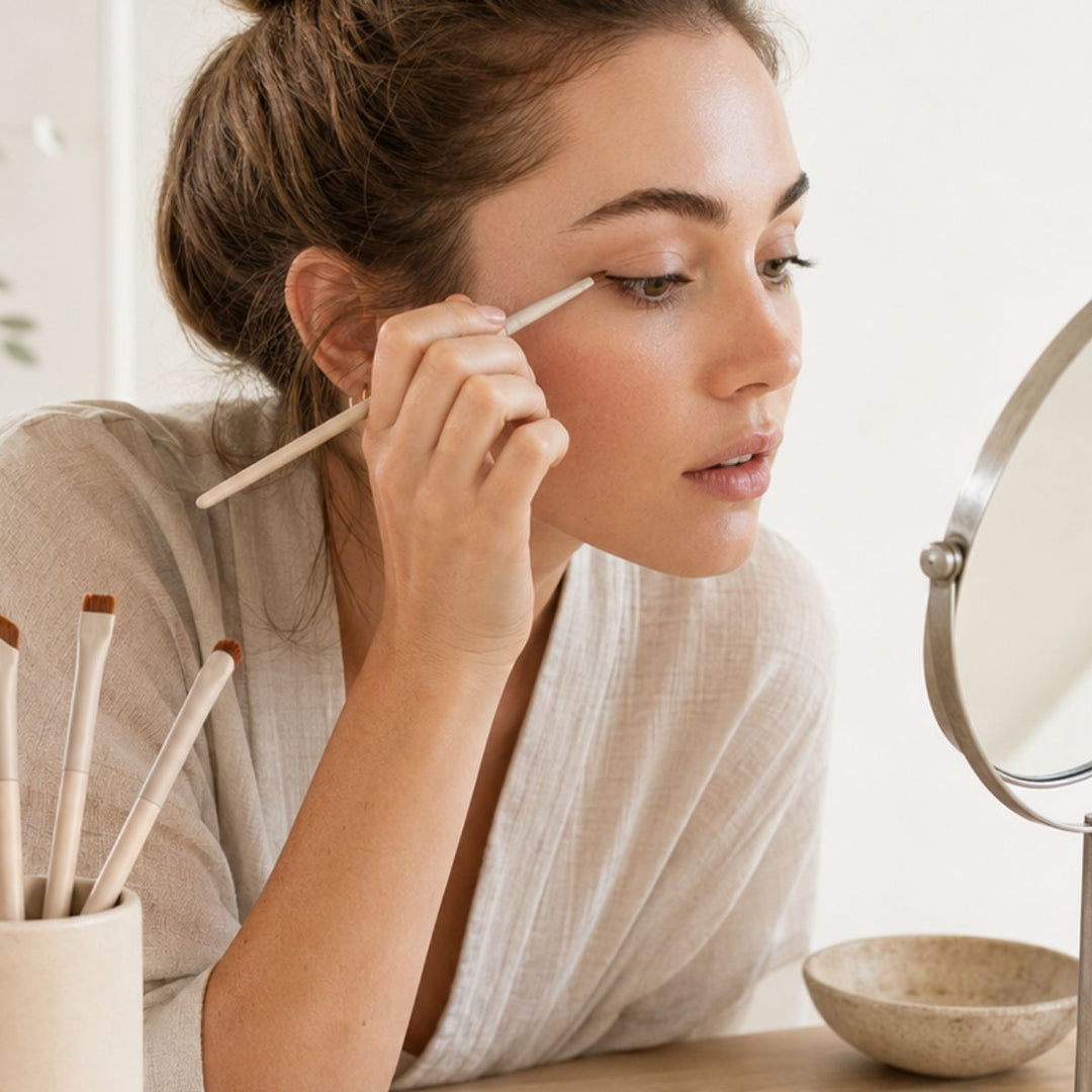 En kvinde i en lys morgenkåbe lægger øjensminke på sit øjenlåg med en pensel fra »Technique PRO Flick Eyeliner, Bryn & Detail Makeupbørste Sæt – 9 makeupbørster«, mens hun kigger i et rundt spejl, der står på et træbord, hvor der ligger flere pensler og en lille skål ved siden af.