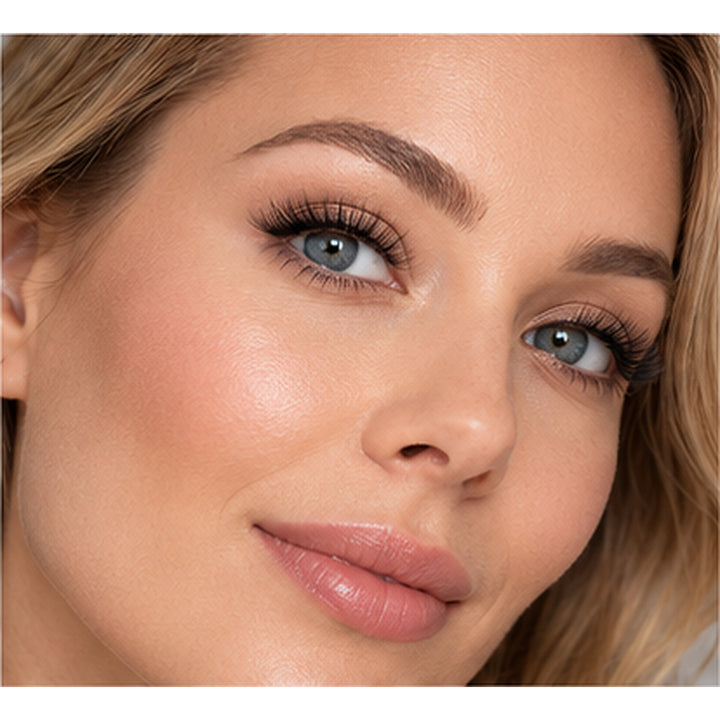 Nærbillede af en kvinde med naturlig makeup, der bærer lange, fyldige Magnetiske øjenvipper med applikator og spejletui.