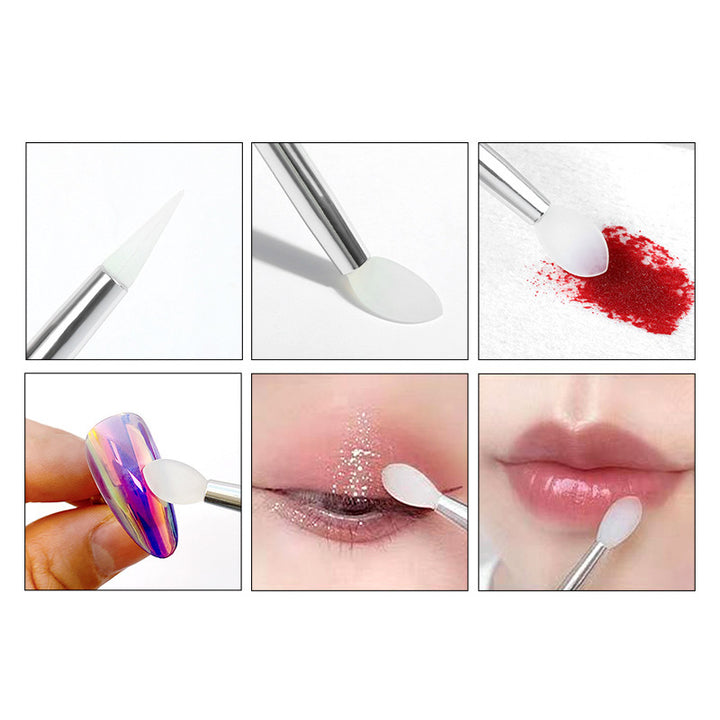 Seks billeder viser Technique PRO Universel Makeup Dubbe Børste i silikone, en alsidig applikator, der er udviklet til læber, negle, øjenskygge og meget mere. Nærbilleder fremhæver de spidse og afrundede silikoneender, der sikrer præcis påføring af pudder på både ansigt og negle.