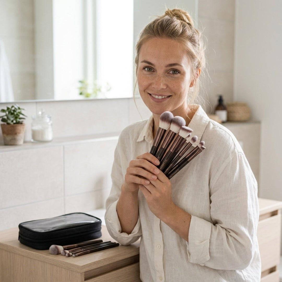 En smilende kvinde på et badeværelse, der holder et Technique PRO Chocolate Bronze Makeupbørste Sæt – 11 makeupbørster.
