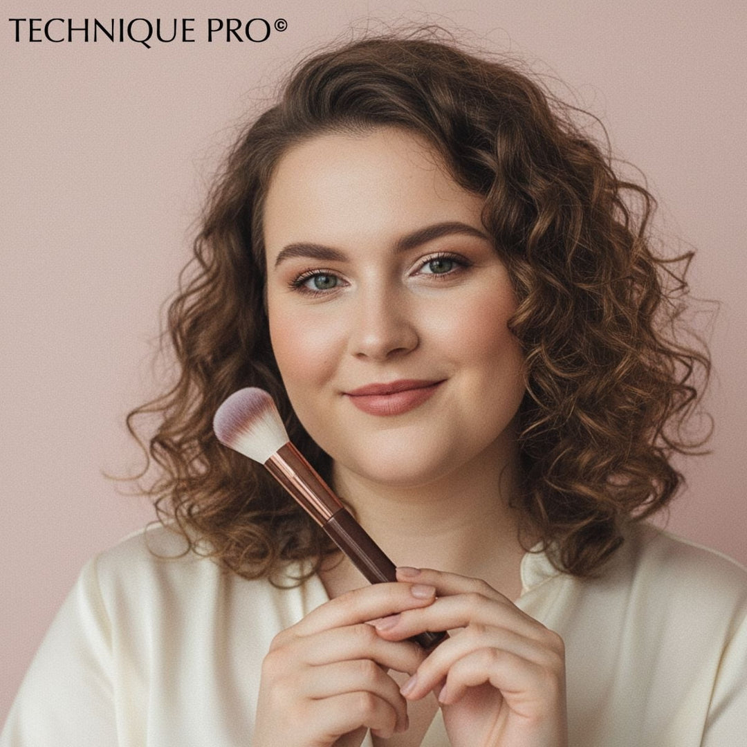 En smilende kvinde med krøllet brunt hår, der holder en makeupbørste fra Technique PRO Chocolate Bronze Makeupbørste-sættet.