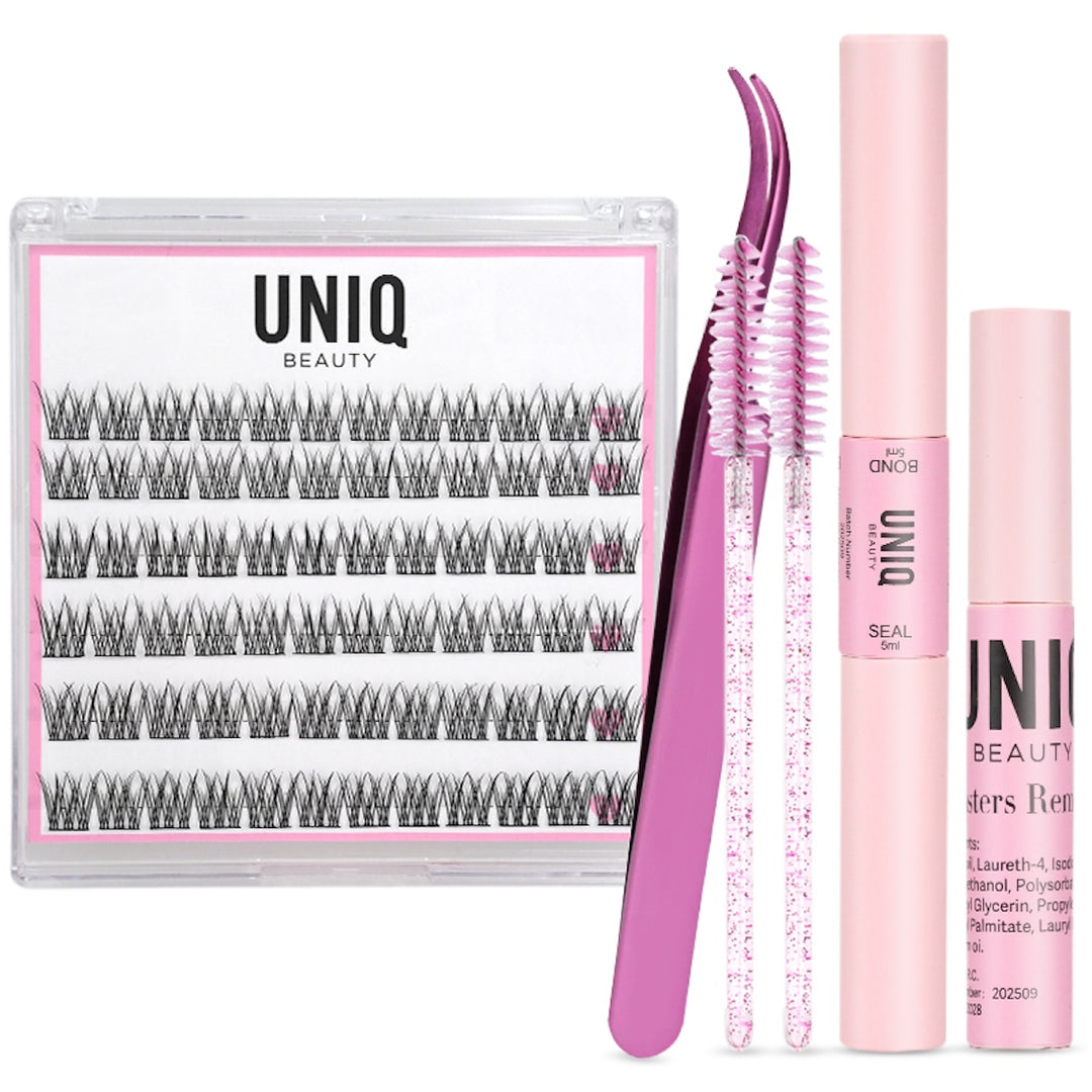 UNIQ Lash Extension Starter Kit - Vippeforlængelse med Cluster Lashes & Bond & Seal fra Stylemekka.dk indeholder klyngevipper i et klart etui, pink applikatorbørster, pink metalpincet, pink klæber og remover-tuber.