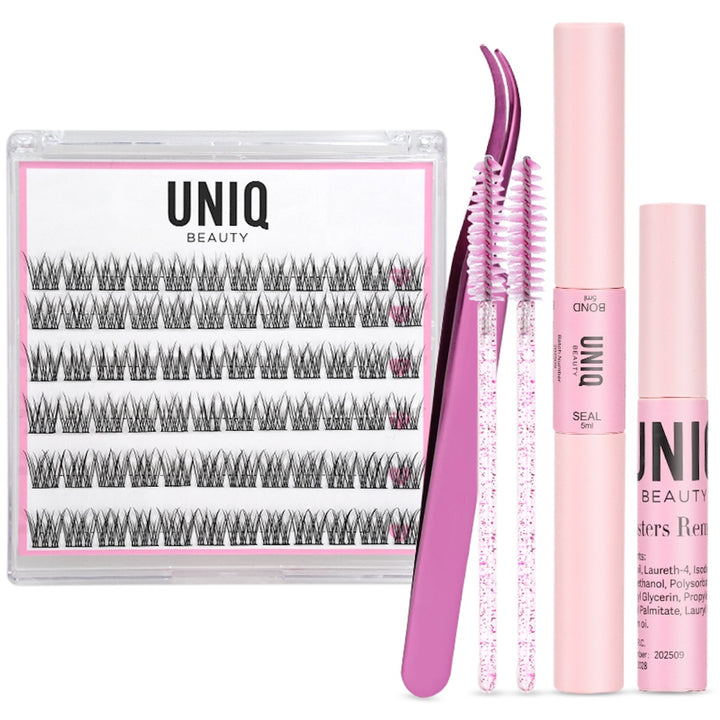 UNIQ Lash Extension Starter Kit - Vippeforlængelse med Cluster Lashes & Bond & Seal fra Stylemekka.dk indeholder klyngevipper i et klart etui, pink applikatorbørster, pink metalpincet, pink klæber og remover-tuber.