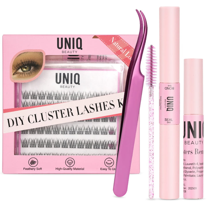 UNIQ Lash Extension Starter Kit fra Stylemekka.dk indeholder klyngevipper, en pink pincet, en spoolie-børste, bond & seal og vippefjerner - alt sammen i en pink emballage mærket "Natural Look".