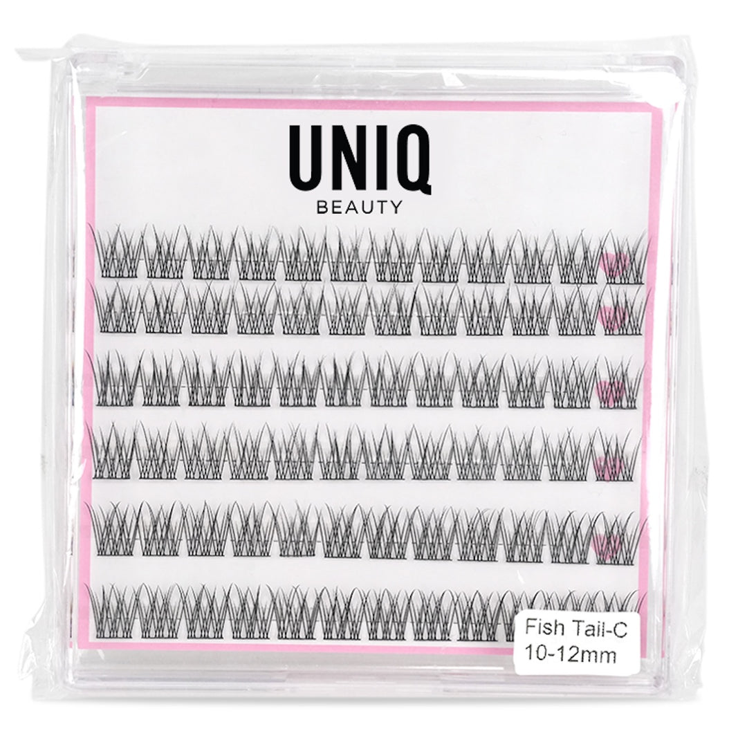 UNIQ Lash Extension Starter Kit fra Stylemekka.dk indeholder klyngevipper i et klart etui mærket Fish Tail-C 10-12 mm - ideelt til alle, der ønsker en nem DIY-vippeforlængelse derhjemme.