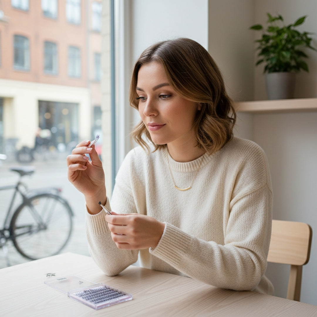 En kvinde med kort brunt hår i en cremefarvet sweater sidder ved et vindue og holder Stylemekka.dk UNIQ Lash Extension Starter Kit - Vippeforlængelse med Cluster Lashes & Bond & Seal. En cykel er synlig udenfor.