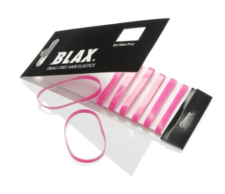 En pakke med BLAX-hårbånd 4 mm – flere farver, i lys neonrosa, hvor flere af de rosa hårbånd er delvist trukket ud, og hvor to BLAX-hårbånd ligger uden for på en hvid overflade.