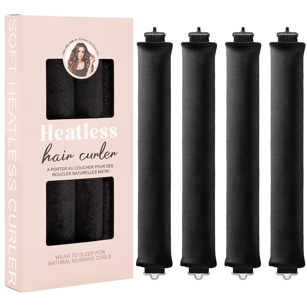 Fire sorte SOHO Heatless Hair Curlers Overnight fra SOHO er udstillet ved siden af en lyserød æske med påskriften »Heatless hair curler«. Emballagen viser et billede af en kvinde med krøllet hår samt produktoplysninger på engelsk og fransk, hvor det fremhæves, at disse krøller er skånsomme og holdbare – ideelle til at skabe krøller uden varme.