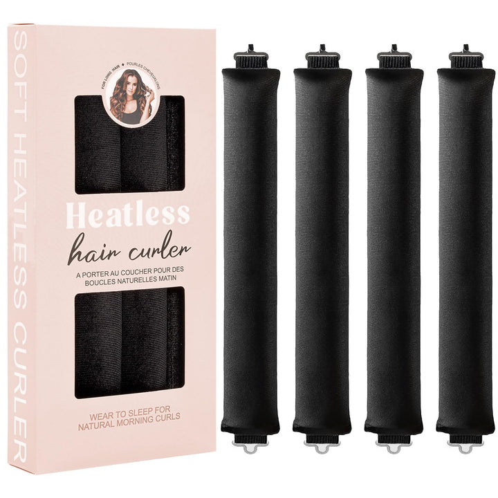 Fire sorte SOHO Heatless Hair Curlers Overnight fra SOHO er udstillet ved siden af en lyserød æske med påskriften »Heatless hair curler«. Emballagen viser et billede af en kvinde med krøllet hår samt produktoplysninger på engelsk og fransk, hvor det fremhæves, at disse krøller er skånsomme og holdbare – ideelle til at skabe krøller uden varme.