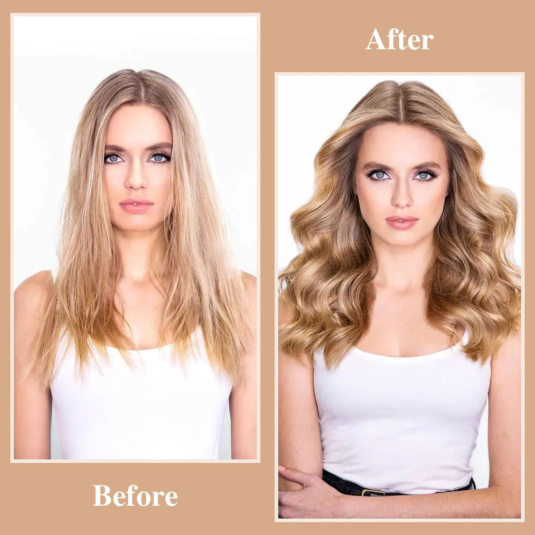 Side-ved-side-billederne viser en kvinde før, med glat, fladt hår, og efter, med fyldige, stylede bølger skabt med SOHO Heatless Hair Curlers Overnight – Skånsomme og Holdbare Salon Krøller – Black fra SOHO. På begge billeder bærer hun en hvid tanktop foran en hvid baggrund. Billederne er mærket »Før« og »Efter«.