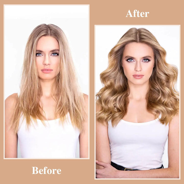 Side-ved-side-billederne viser en kvinde før, med glat, fladt hår, og efter, med fyldige, stylede bølger skabt med SOHO Heatless Hair Curlers Overnight – Skånsomme og Holdbare Salon Krøller – Black fra SOHO. På begge billeder bærer hun en hvid tanktop foran en hvid baggrund. Billederne er mærket »Før« og »Efter«.