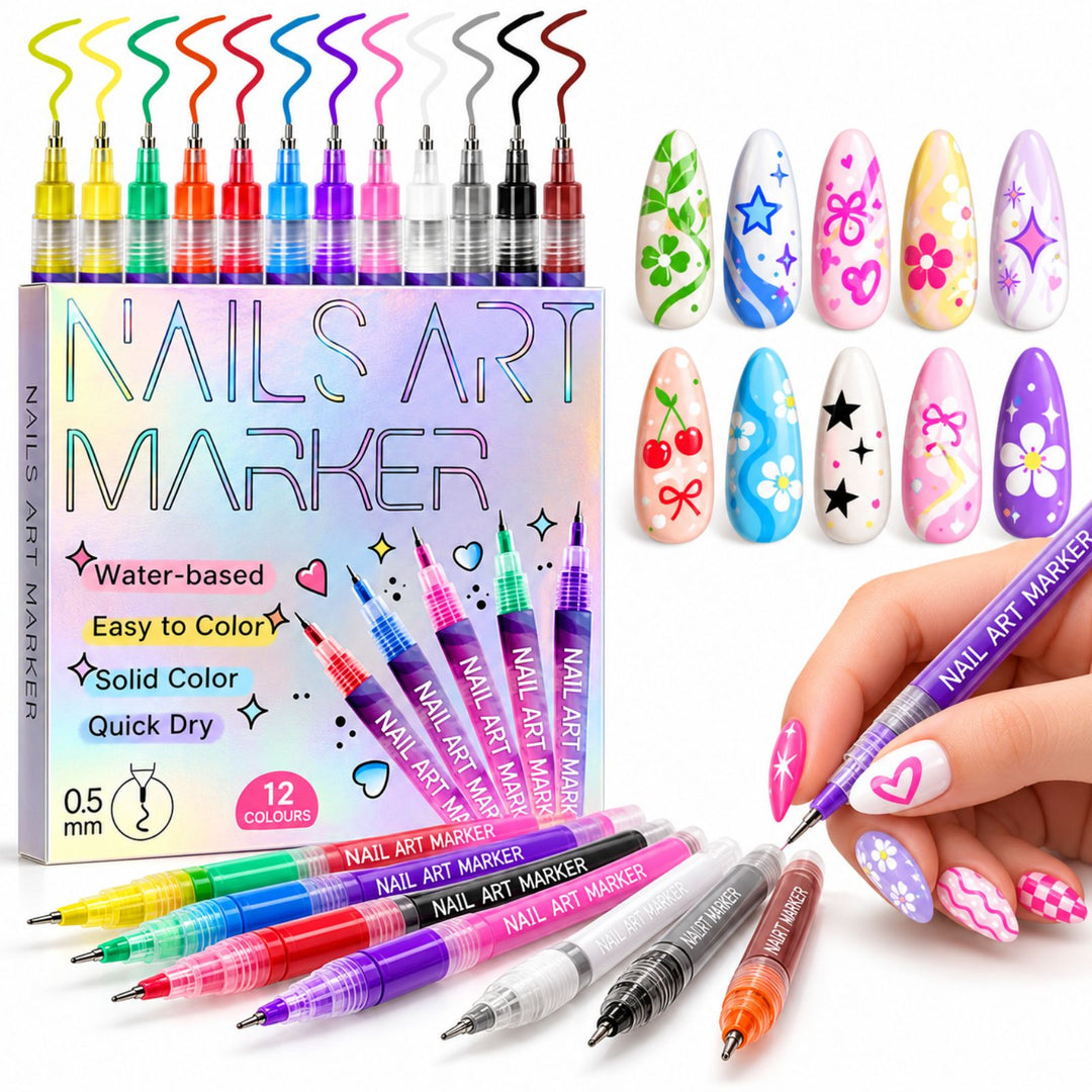 Nail art penne – 12 farver med 0,5 mm fin spids