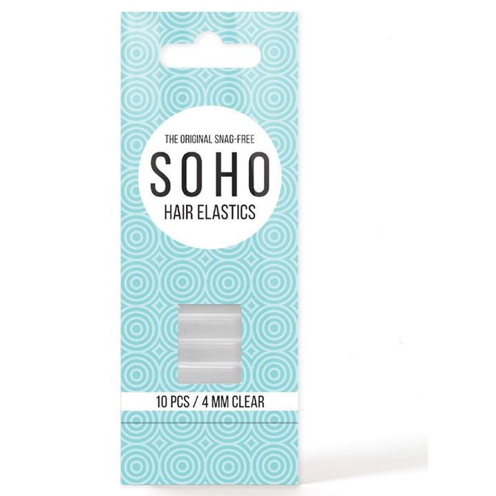 En pakke SOHO 1000 hårbånd, der ikke sætter sig fast, indeholder 10 gennemsigtige 4 mm hårbånd og kommer i en blå mønstret emballage med et gennemsigtigt vindue, hvor man kan se hårbåndene.