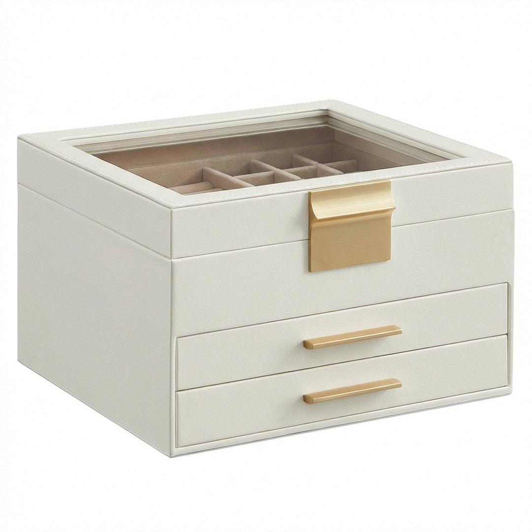UNIQ Smykkeskrin / Organizer i  3-lag med Glaslåg - Hvid/Guld – billede 3