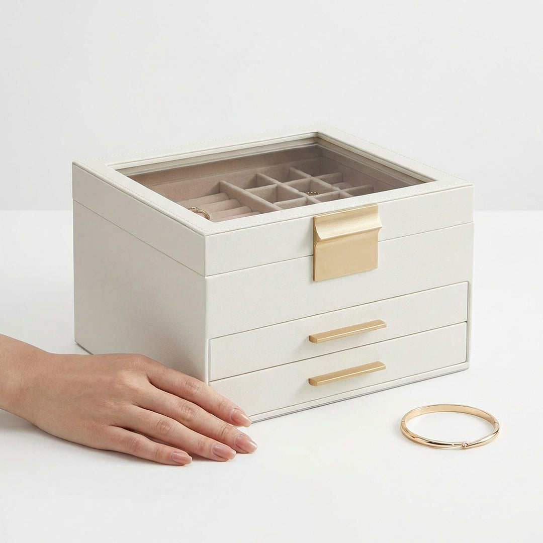 UNIQ Smykkeskrin / Organizer i  3-lag med Glaslåg - Hvid/Guld – billede 4