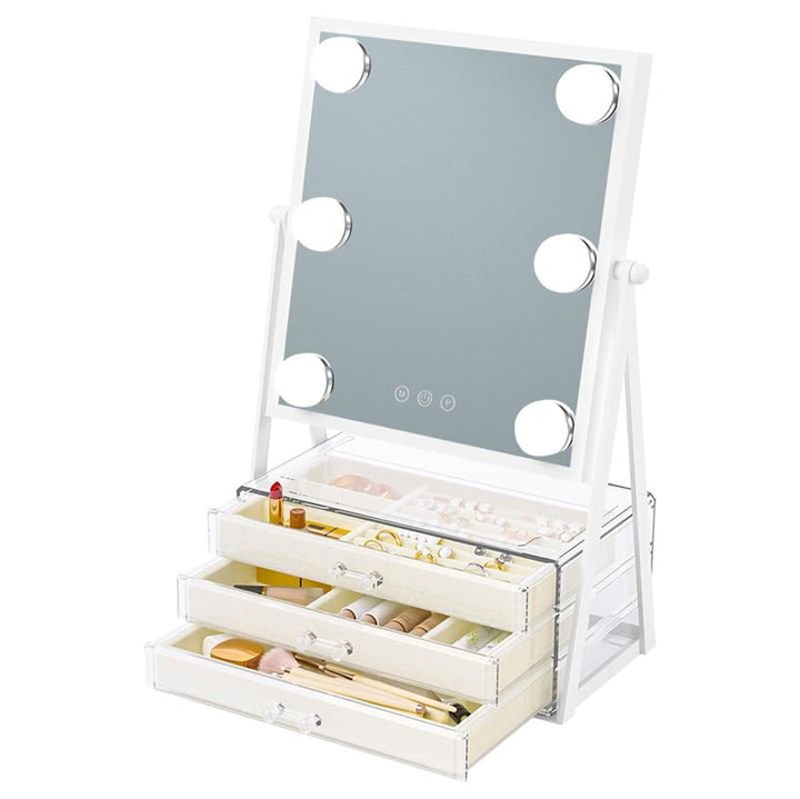 UNIQ Glasgow Vanity Makeup Spejl med 6 LED Pærer og 3 Opbevaringskuffer til smykker - Makeup spejle - UNIQ