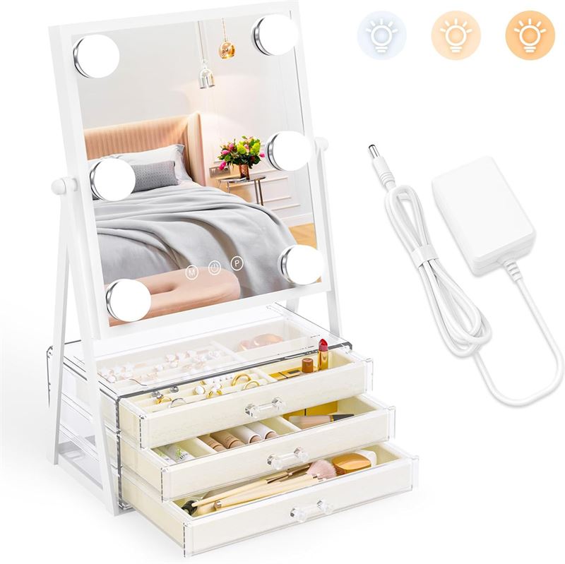 UNIQ Glasgow Vanity Makeup Spejl med 6 LED Pærer og 3 Opbevaringskuffer til smykker - Makeup spejle - UNIQ