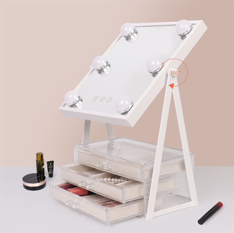 UNIQ Glasgow Vanity Makeup Spejl med 6 LED Pærer og 3 Opbevaringskuffer til smykker - Makeup spejle - UNIQ