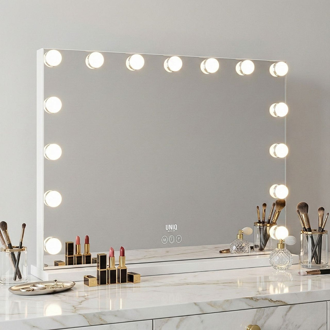 UNIQ XL Luksus Hollywood Makeup spejl med lys - 15 LED pærer og touch funktion - Hvid