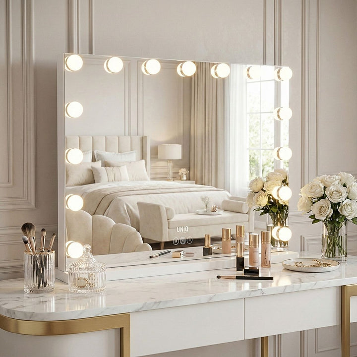 UNIQ XL Luksus Hollywood Makeup spejl med lys - 15 LED pærer og touch funktion - Hvid